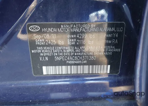 2012 Hyundai Sonata Se from USA, damaged, VIN 5NPEC4AC8CH371380